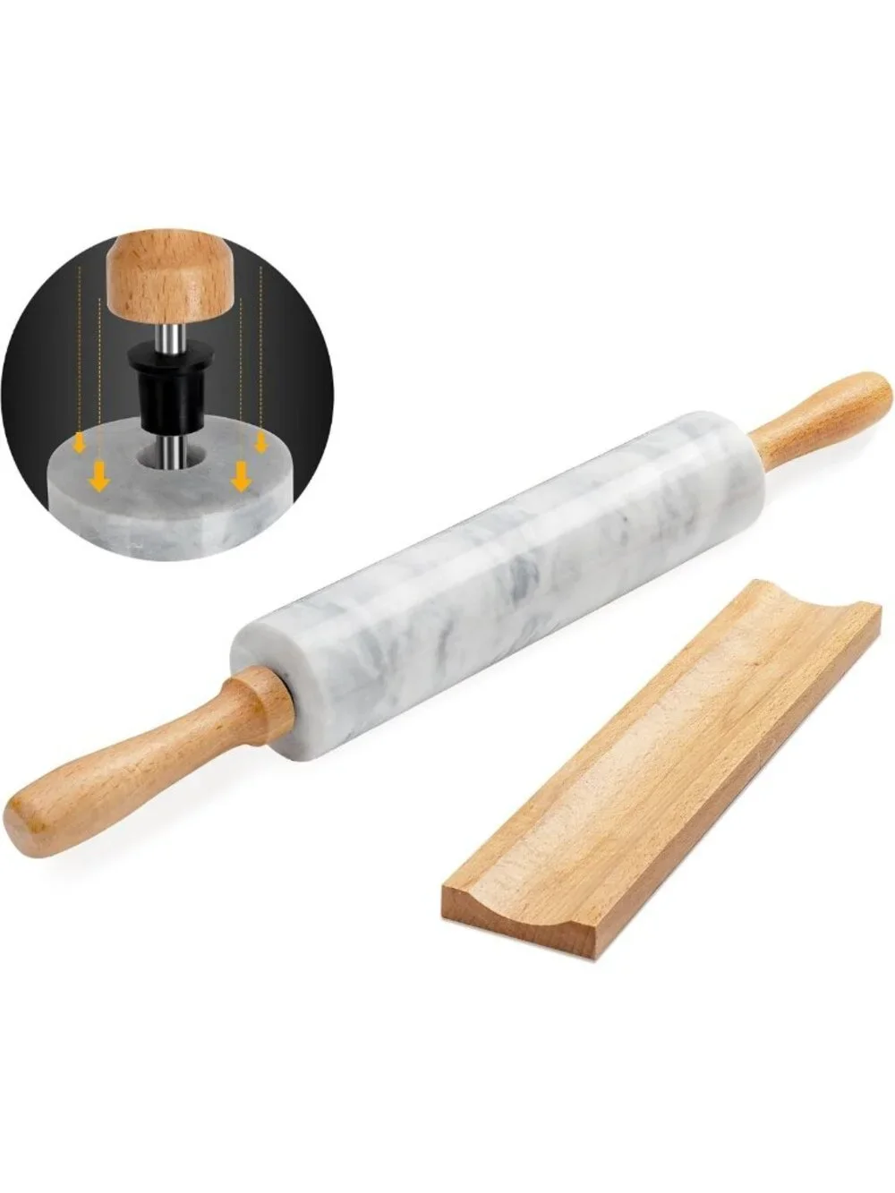 16.7” Marble Rolling Pin with Wooden Handles & Cradle - Perfect for Pizza